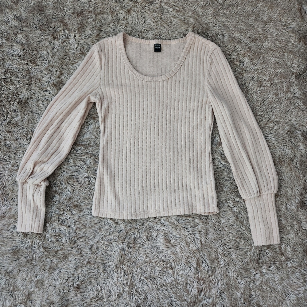 SHEIN Long Sleeve Round‎ Neck Puff Sleeve Ribbed Sweater Beige Women's Medium